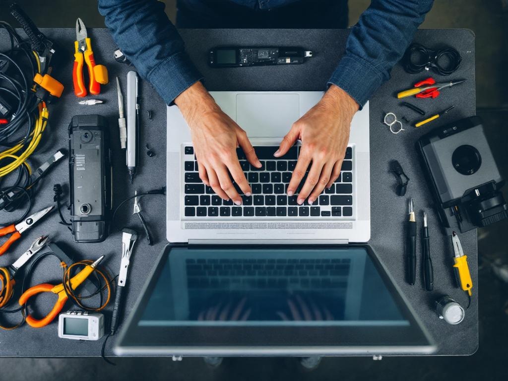 Overhead view of hands typing on a laptop surrounded by tech repair tools